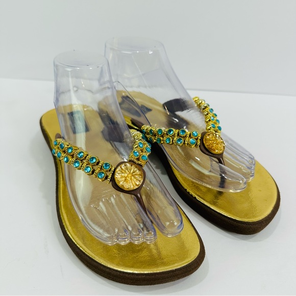 GRANDCO SANDALS GOLD BEJEWELED AQUA AND GOLD BLING WOMENS SIZE 9 GREAT COND - Picture 1 of 8